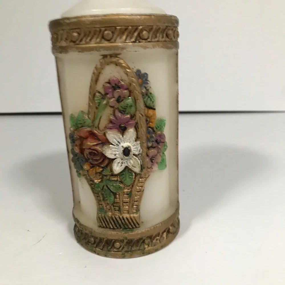 Vintage Floral Basket Relief Pillar Candle Gold Trim Decorative White Wax